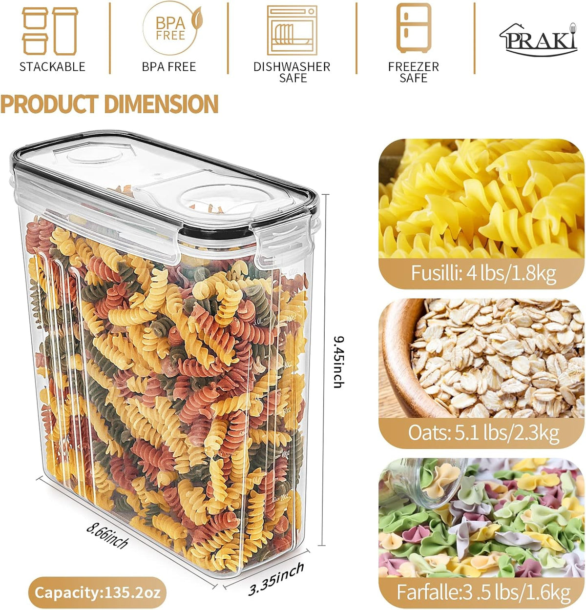 Large Dry Food Storage Containers with Lids, 6PCS Airtight Cereal Containers Storage Set, Leak-proof Canister Set for Kitchen Pantry Organization with 20 Labels & Marker (4L Black)