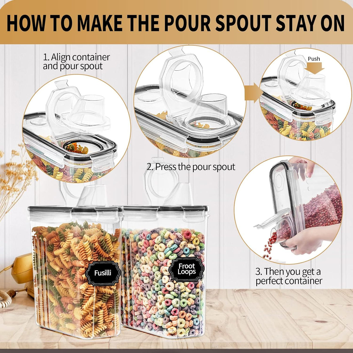 Large Dry Food Storage Containers with Lids, 6PCS Airtight Cereal Containers Storage Set, Leak-proof Canister Set for Kitchen Pantry Organization with 20 Labels & Marker (4L Black)