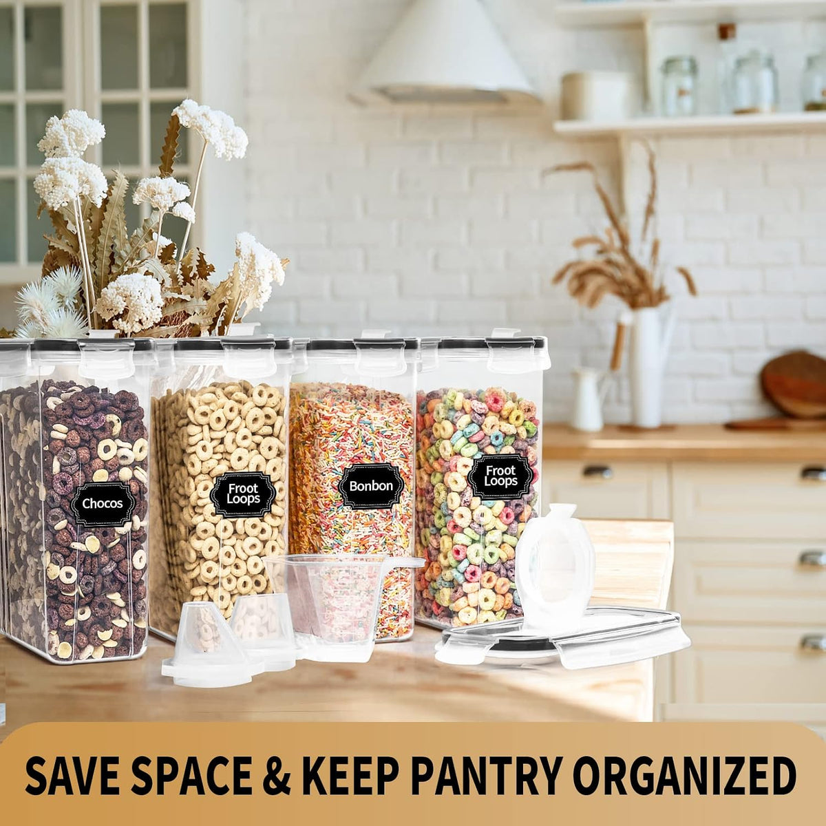 Large Dry Food Storage Containers with Lids, 6PCS Airtight Cereal Containers Storage Set, Leak-proof Canister Set for Kitchen Pantry Organization with 20 Labels & Marker (4L Black)