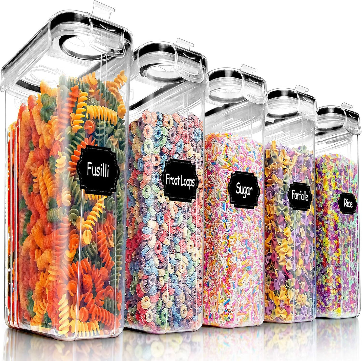 Large Dry Food Storage Containers with Lids, 6PCS Airtight Cereal Containers Storage Set, Leak-proof Canister Set for Kitchen Pantry Organization with 20 Labels & Marker (4L Black)