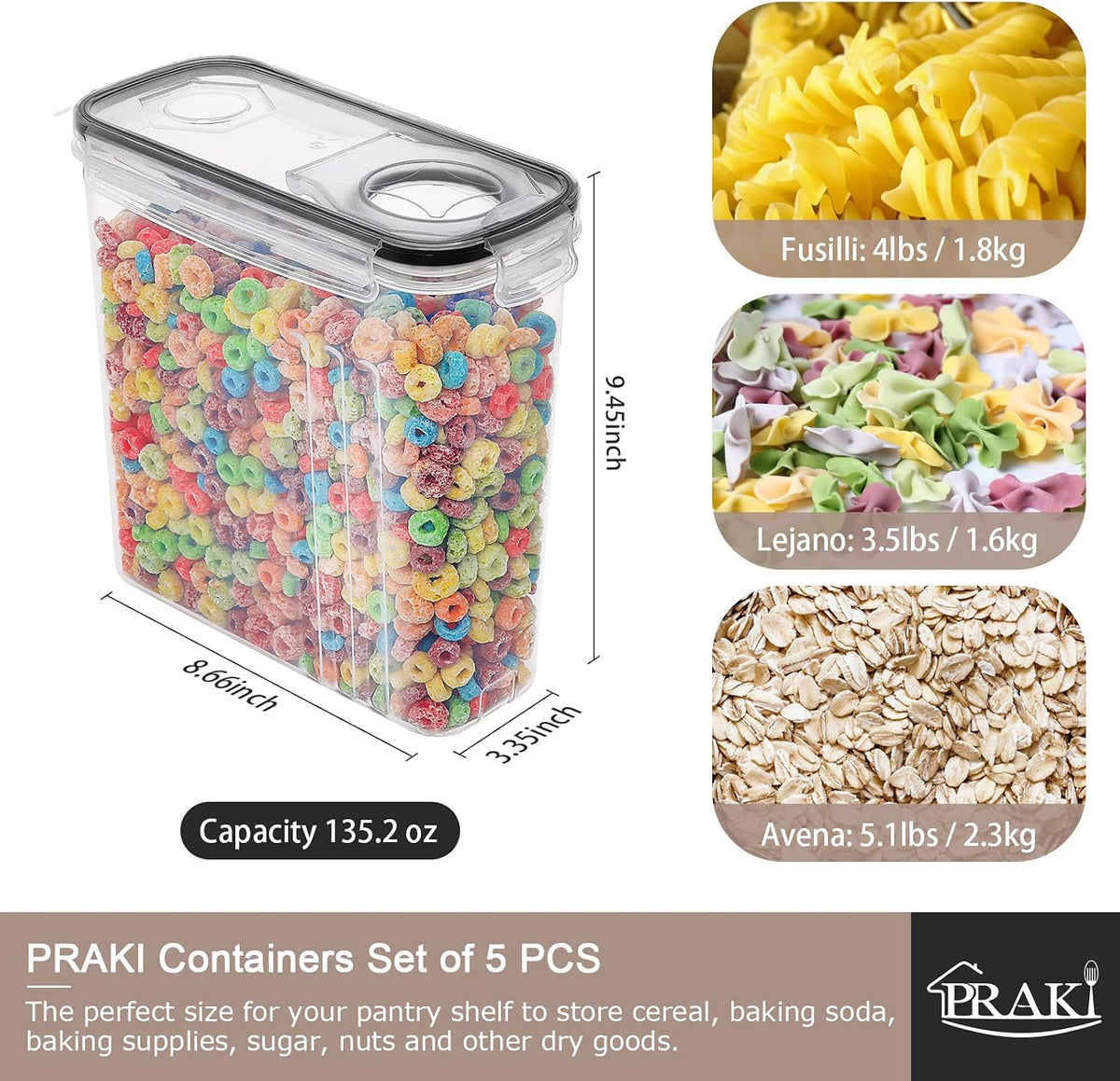 Large Dry Food Storage Containers with Lids, 6PCS Airtight Cereal Containers Storage Set, Leak-proof Canister Set for Kitchen Pantry Organization with 20 Labels & Marker (4L Black)