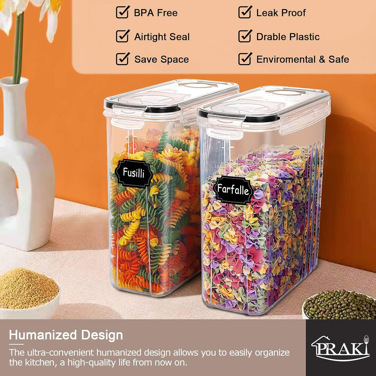 Large Dry Food Storage Containers with Lids, 6PCS Airtight Cereal Containers Storage Set, Leak-proof Canister Set for Kitchen Pantry Organization with 20 Labels & Marker (4L Black)