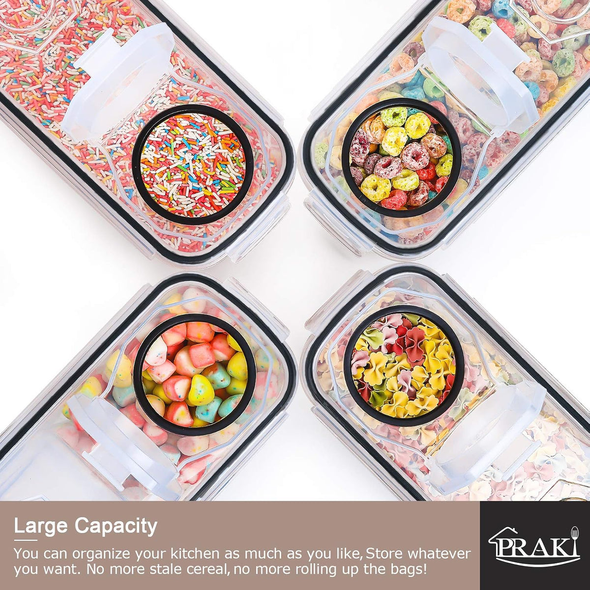 Large Dry Food Storage Containers with Lids, 6PCS Airtight Cereal Containers Storage Set, Leak-proof Canister Set for Kitchen Pantry Organization with 20 Labels & Marker (4L Black)