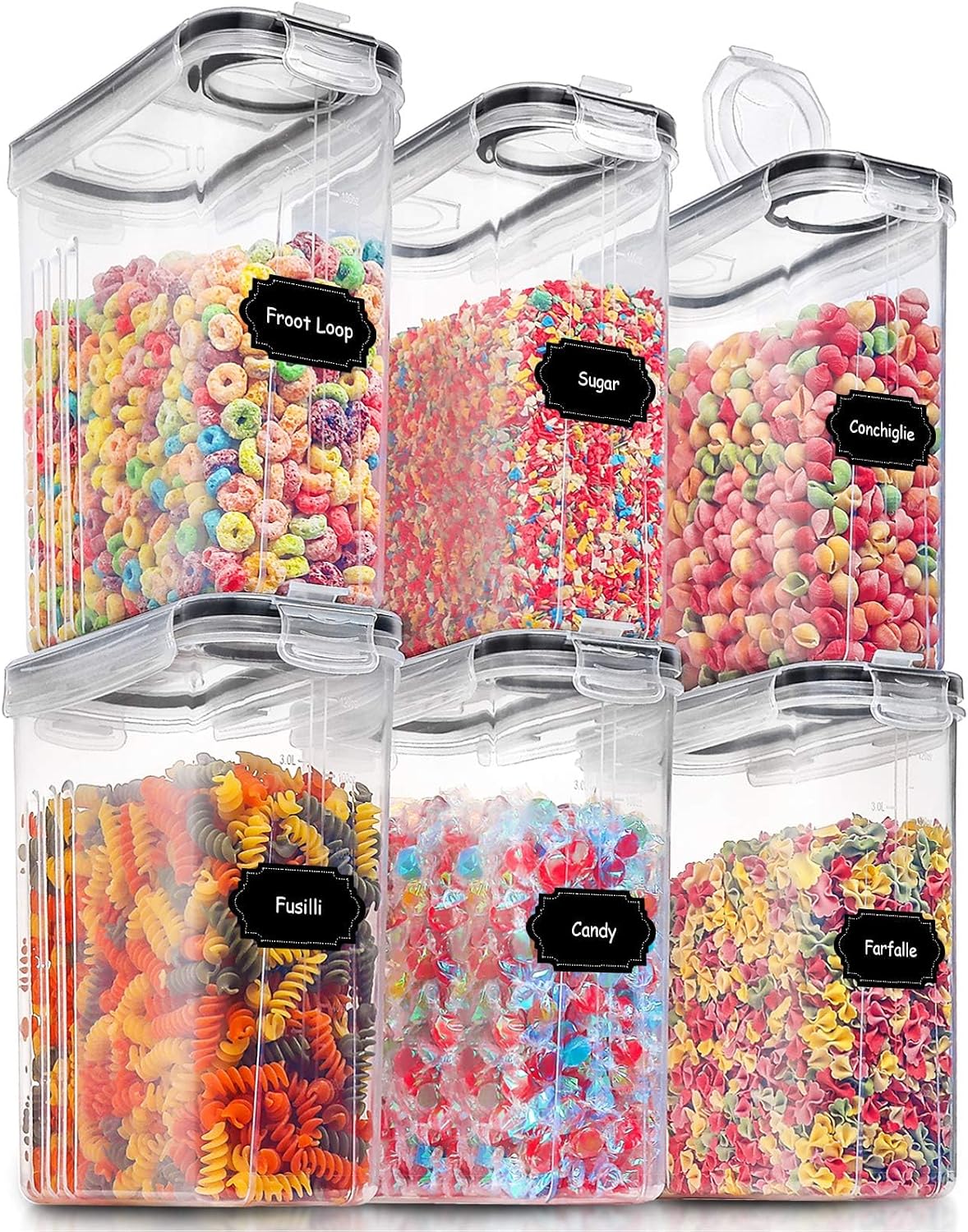 Large Dry Food Storage Containers with Lids, 6PCS Airtight Cereal Containers Storage Set, Leak-proof Canister Set for Kitchen Pantry Organization with 20 Labels & Marker (4L Black)