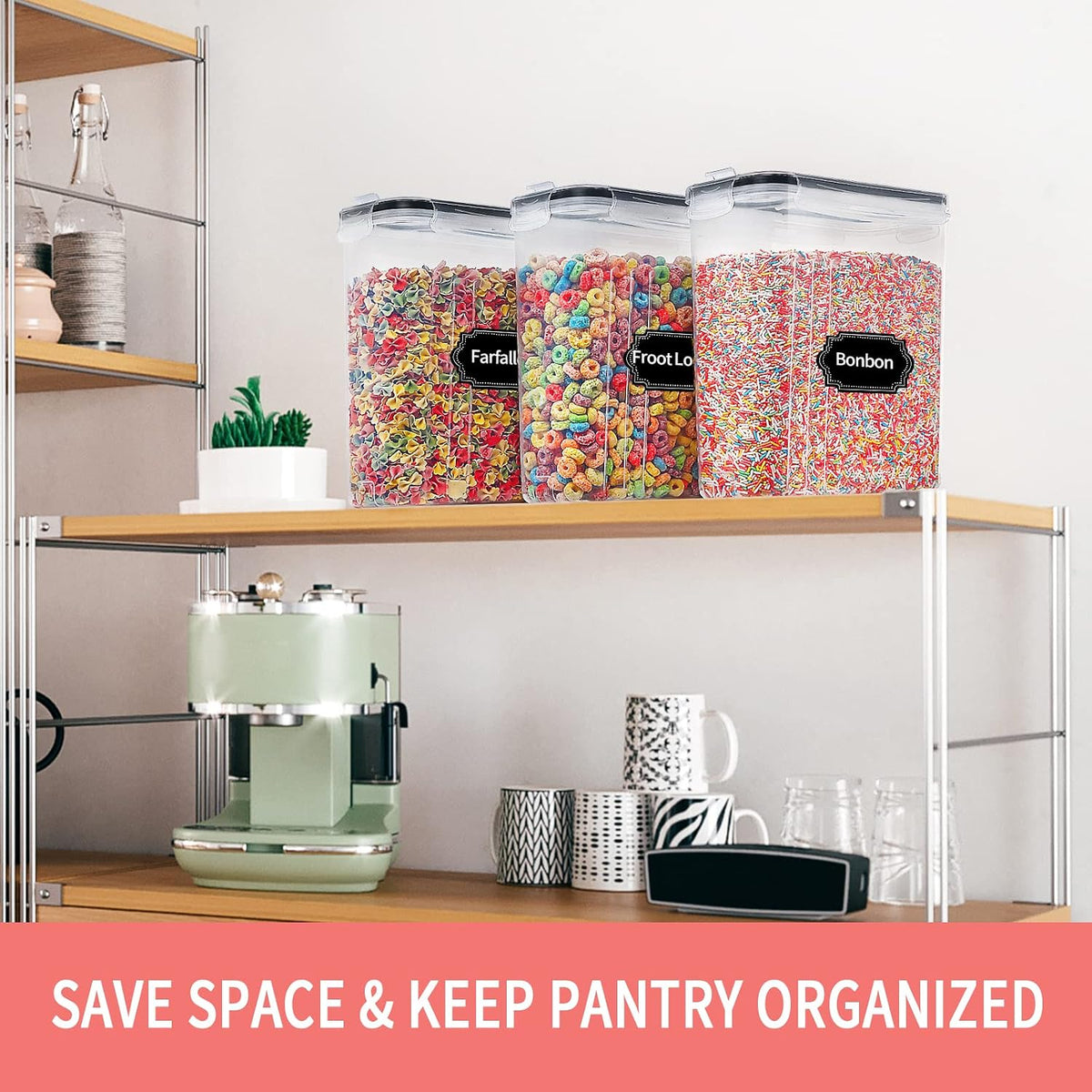Large Dry Food Storage Containers with Lids, 6PCS Airtight Cereal Containers Storage Set, Leak-proof Canister Set for Kitchen Pantry Organization with 20 Labels & Marker (4L Black)