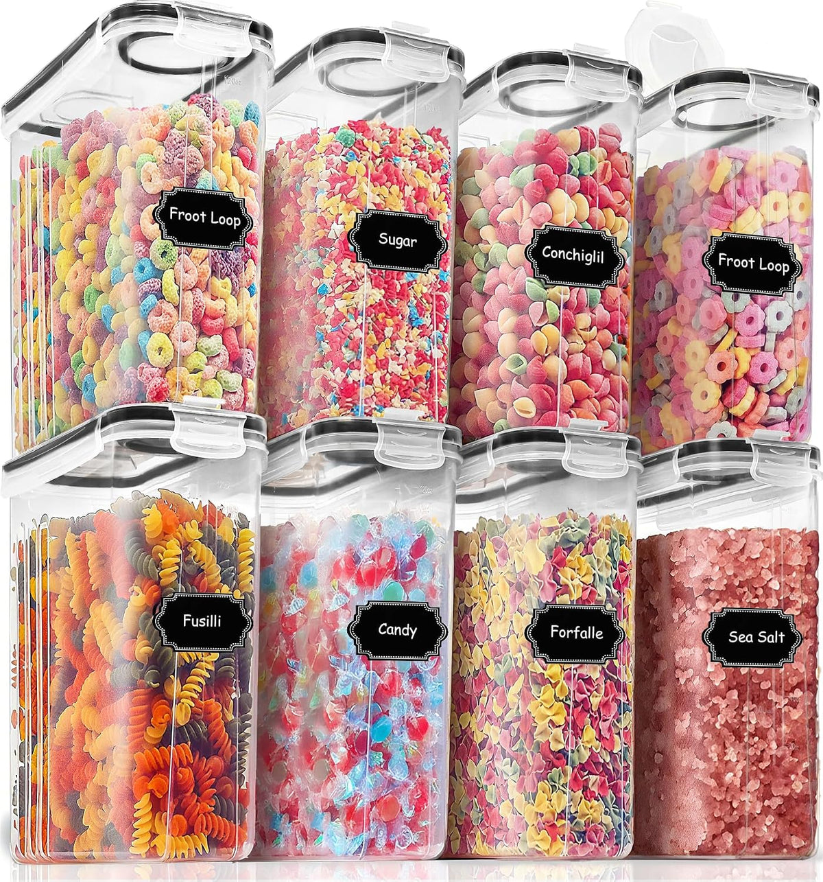 Large Dry Food Storage Containers with Lids, 6PCS Airtight Cereal Containers Storage Set, Leak-proof Canister Set for Kitchen Pantry Organization with 20 Labels & Marker (4L Black)