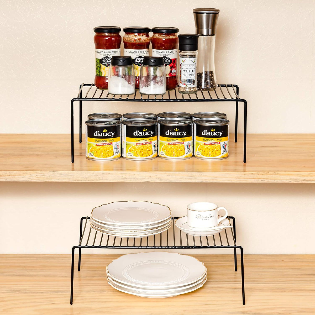 Set of 6 Large (15.7 x 9.4 Inch) Kitchen Cabinet Organizer Shelf, Wire Freezer Storage Shelves Rack, Rustproof Steel Metal Shelf Riser for Dish Plates Pantry Cupboard Organization, White