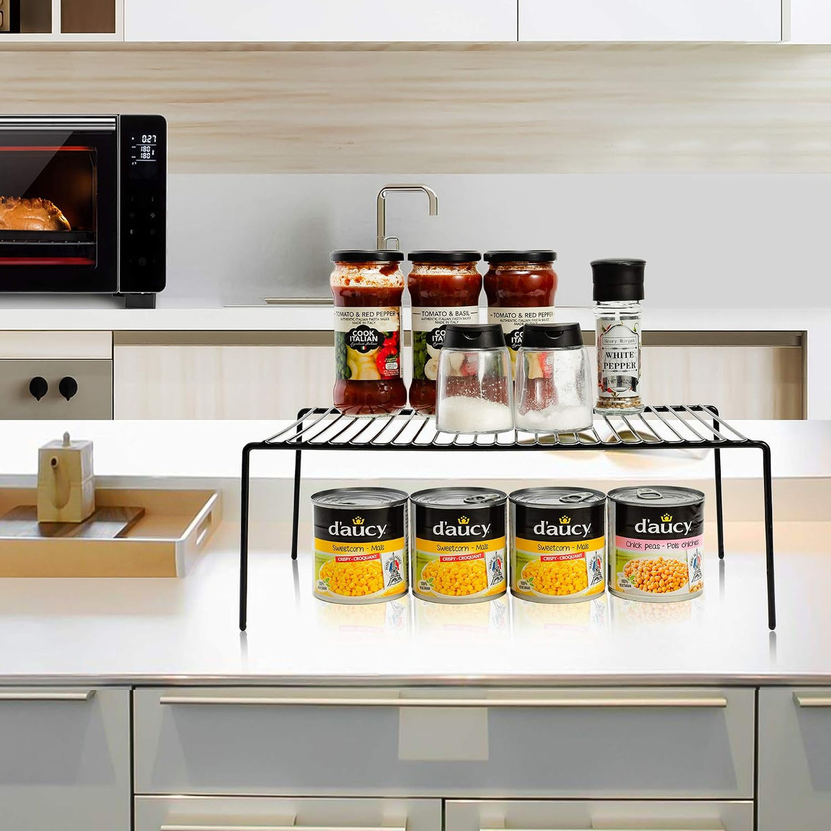 Set of 6 Large (15.7 x 9.4 Inch) Kitchen Cabinet Organizer Shelf, Wire Freezer Storage Shelves Rack, Rustproof Steel Metal Shelf Riser for Dish Plates Pantry Cupboard Organization, White