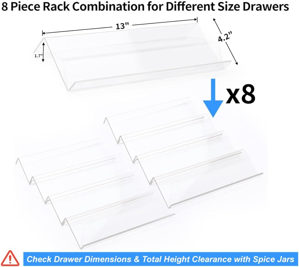 Clear Acrylic Spice Drawer Organizer, 4 Tier- 2 Set Expandable From 13" to 26" Drawer Seasoning Organizer, Kitchen Spice Rack Tray for Drawer/Countertop (Jars not included)