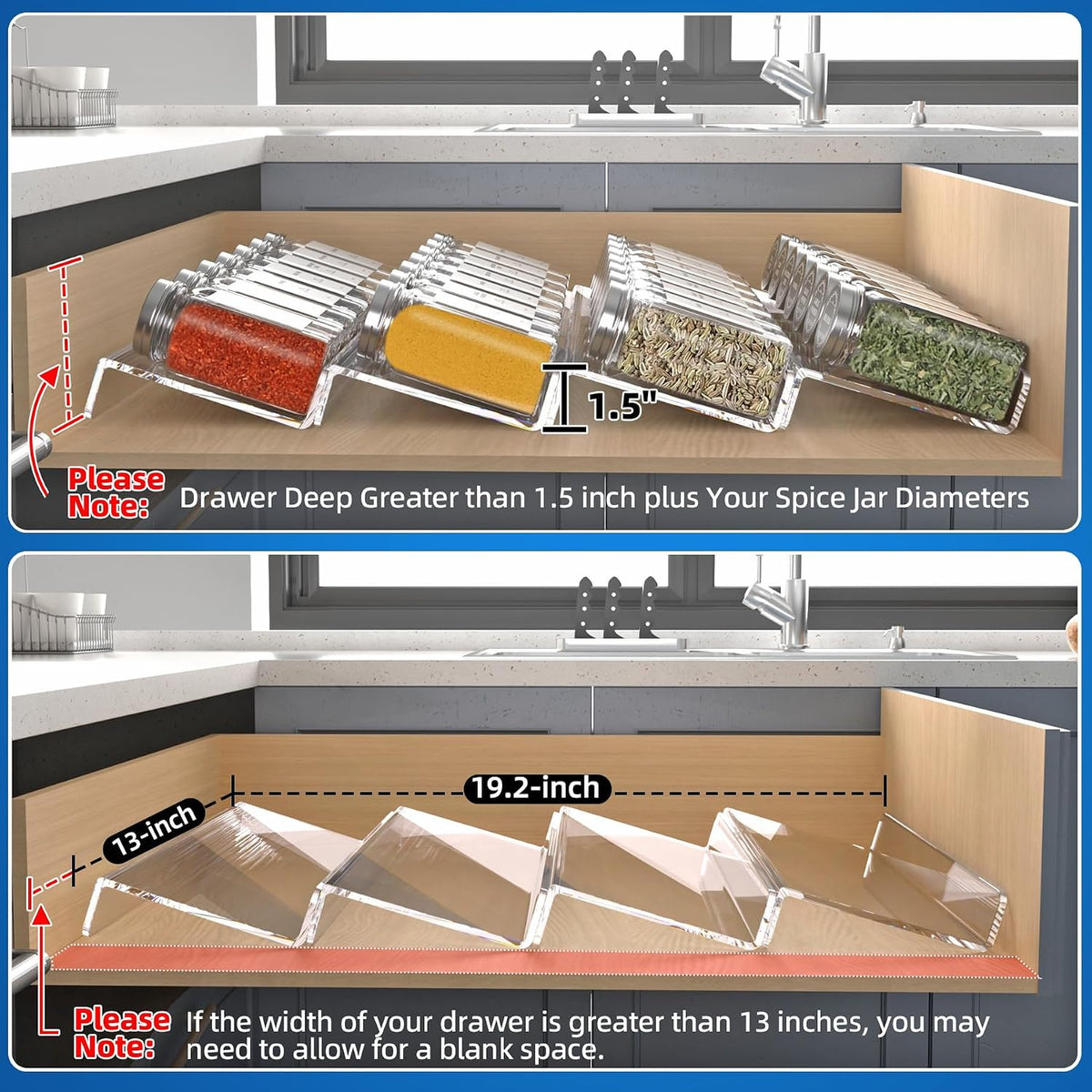 Clear Acrylic Spice Drawer Organizer, 4 Tier- 2 Set Expandable From 13" to 26" Drawer Seasoning Organizer, Kitchen Spice Rack Tray for Drawer/Countertop (Jars not included)