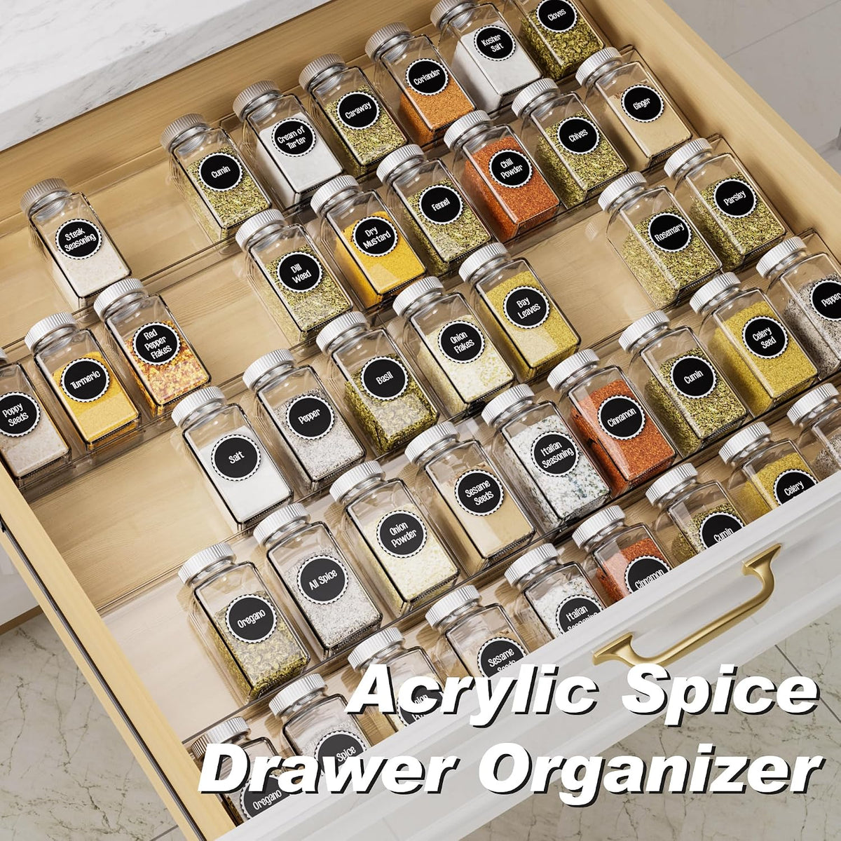 Clear Acrylic Spice Drawer Organizer, 4 Tier- 2 Set Expandable From 13" to 26" Drawer Seasoning Organizer, Kitchen Spice Rack Tray for Drawer/Countertop (Jars not included)