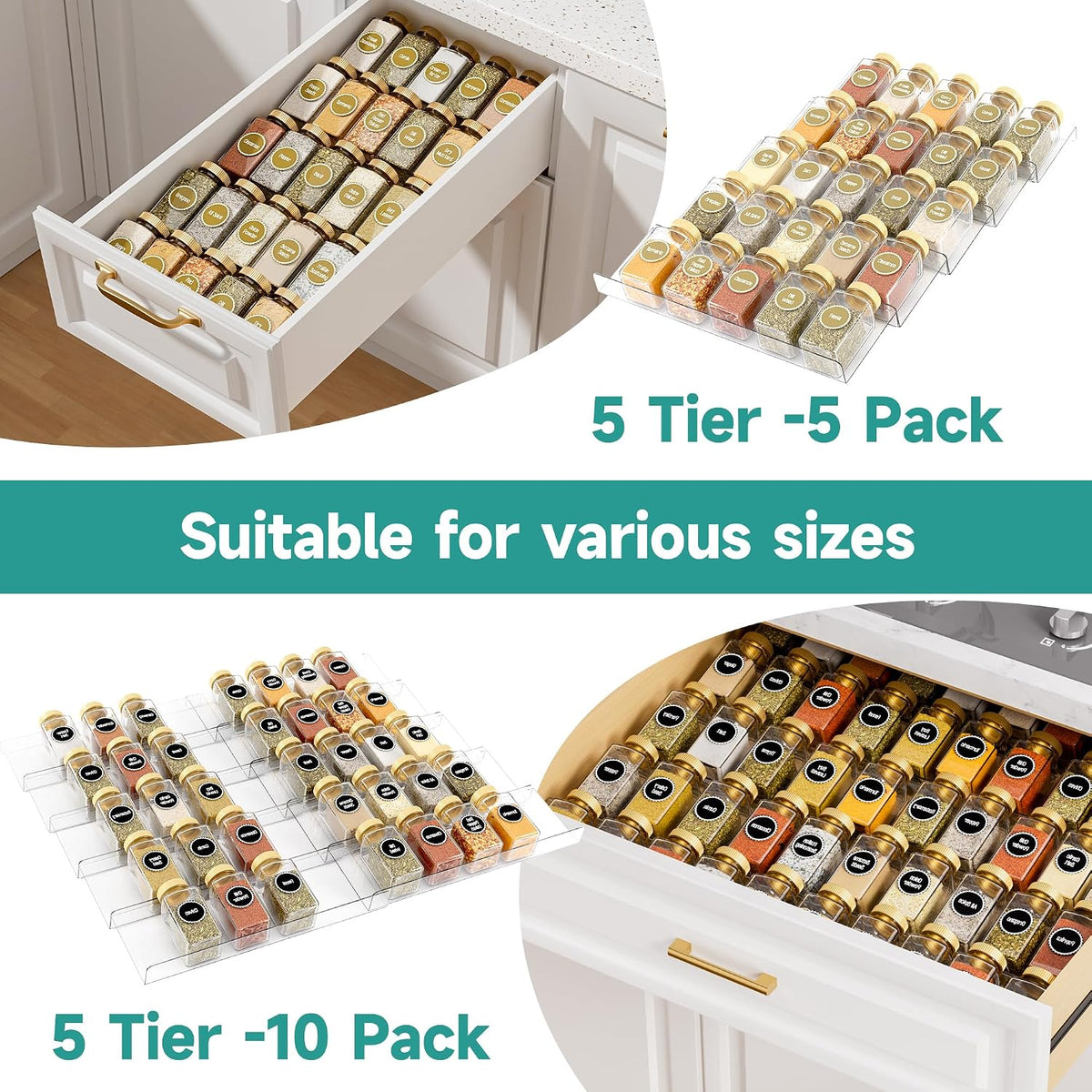 Clear Acrylic Spice Drawer Organizer, 4 Tier- 2 Set Expandable From 13" to 26" Drawer Seasoning Organizer, Kitchen Spice Rack Tray for Drawer/Countertop (Jars not included)