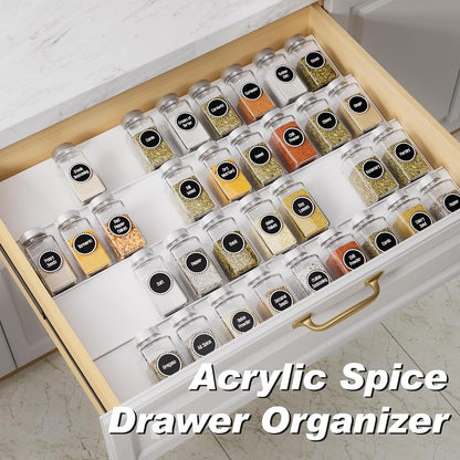 Clear Acrylic Spice Drawer Organizer, 4 Tier- 2 Set Expandable From 13" to 26" Drawer Seasoning Organizer, Kitchen Spice Rack Tray for Drawer/Countertop (Jars not included)