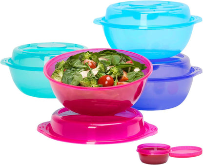Easyboxes Salad-to-Go Containers - 8-Piece Set: 4 Bowls, Leak-Proof Dressing Cups Built-In & 4 Fitted Lids Seal in Freshness; Reusable/BPA-Free for Salad, Pasta, & Cereal (Jewel Brights)
