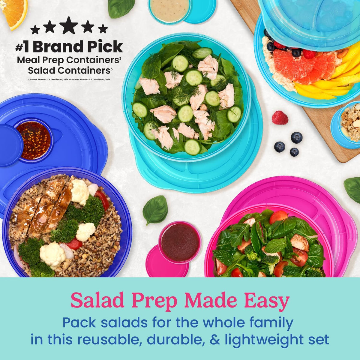 Easyboxes Salad-to-Go Containers - 8-Piece Set: 4 Bowls, Leak-Proof Dressing Cups Built-In & 4 Fitted Lids Seal in Freshness; Reusable/BPA-Free for Salad, Pasta, & Cereal (Jewel Brights)
