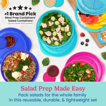 Easyboxes Salad-to-Go Containers - 8-Piece Set: 4 Bowls, Leak-Proof Dressing Cups Built-In & 4 Fitted Lids Seal in Freshness; Reusable/BPA-Free for Salad, Pasta, & Cereal (Jewel Brights)
