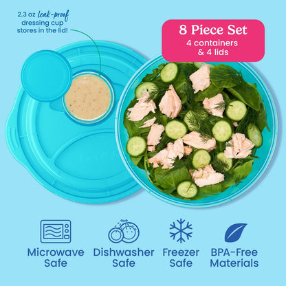 Easyboxes Salad-to-Go Containers - 8-Piece Set: 4 Bowls, Leak-Proof Dressing Cups Built-In & 4 Fitted Lids Seal in Freshness; Reusable/BPA-Free for Salad, Pasta, & Cereal (Jewel Brights)