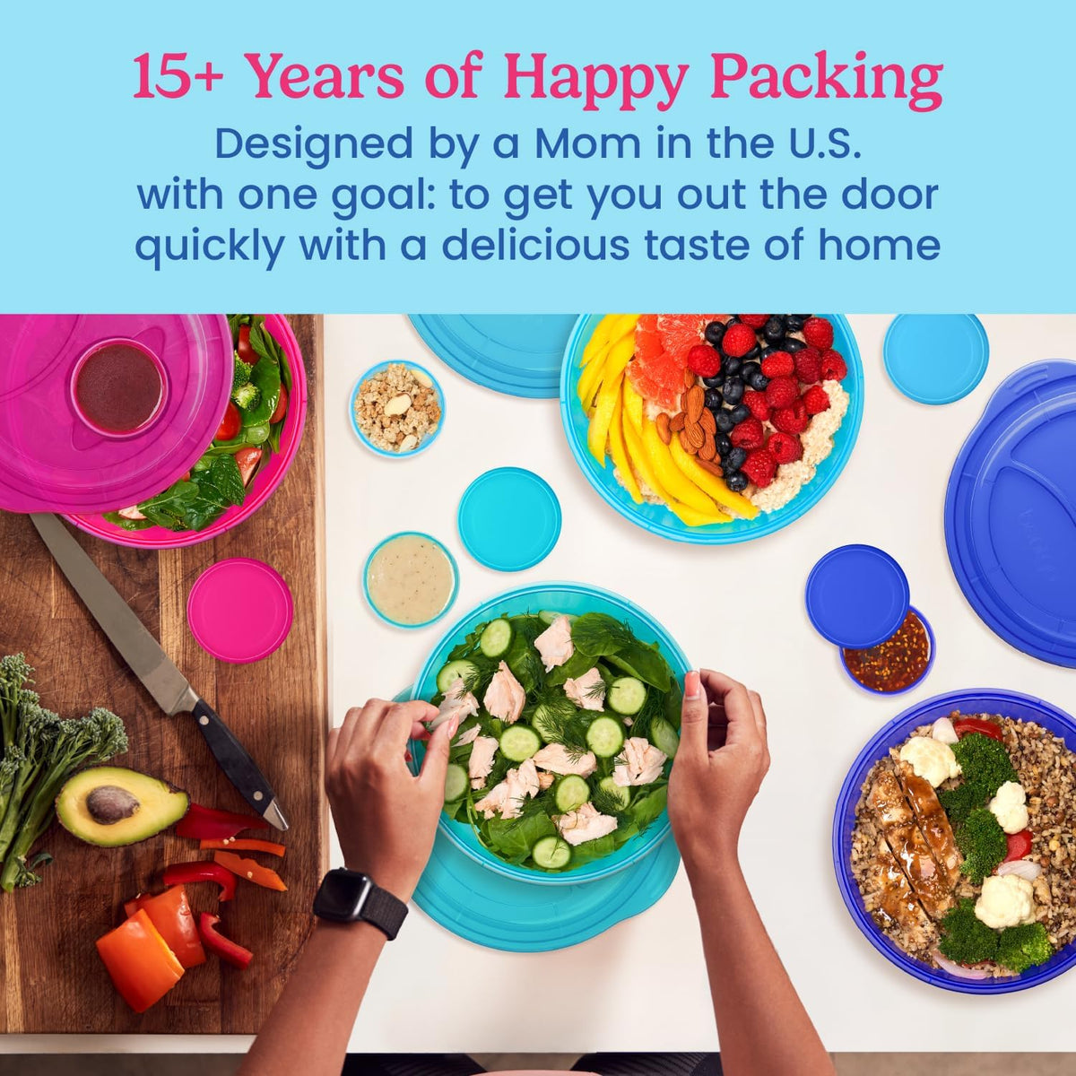 Easyboxes Salad-to-Go Containers - 8-Piece Set: 4 Bowls, Leak-Proof Dressing Cups Built-In & 4 Fitted Lids Seal in Freshness; Reusable/BPA-Free for Salad, Pasta, & Cereal (Jewel Brights)