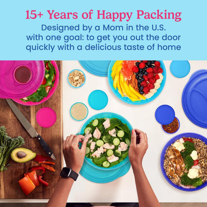Easyboxes Salad-to-Go Containers - 8-Piece Set: 4 Bowls, Leak-Proof Dressing Cups Built-In & 4 Fitted Lids Seal in Freshness; Reusable/BPA-Free for Salad, Pasta, & Cereal (Jewel Brights)