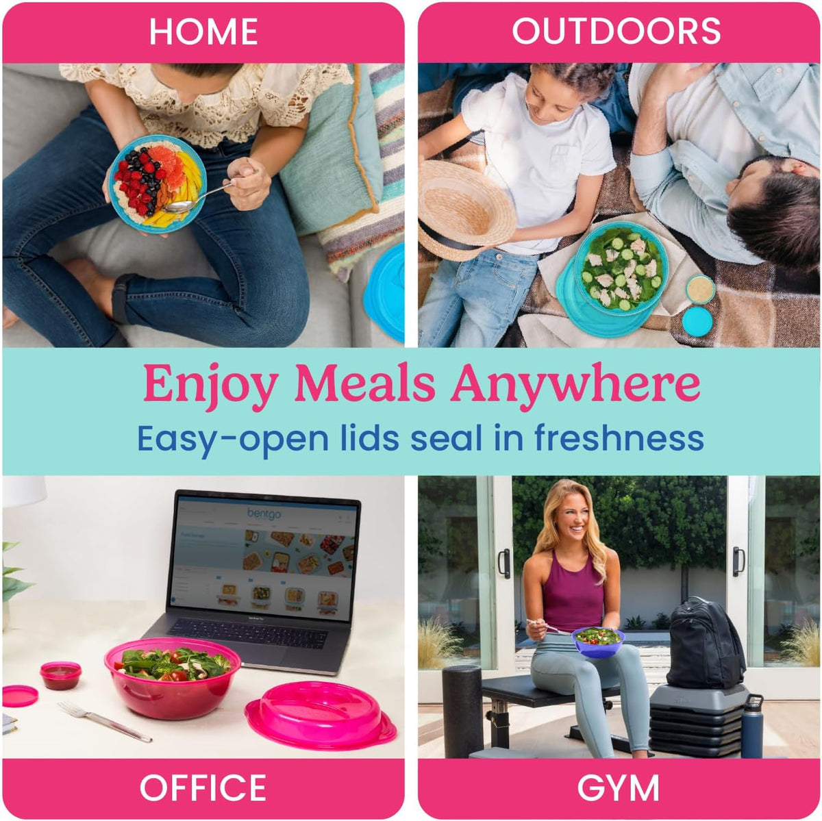 Easyboxes Salad-to-Go Containers - 8-Piece Set: 4 Bowls, Leak-Proof Dressing Cups Built-In & 4 Fitted Lids Seal in Freshness; Reusable/BPA-Free for Salad, Pasta, & Cereal (Jewel Brights)