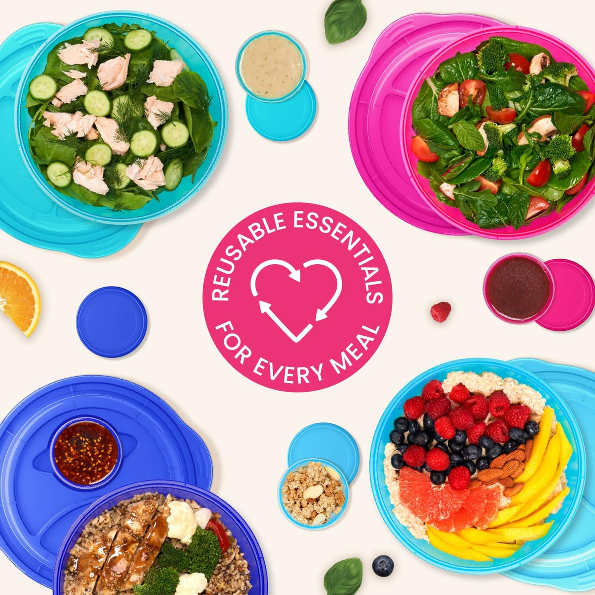Easyboxes Salad-to-Go Containers - 8-Piece Set: 4 Bowls, Leak-Proof Dressing Cups Built-In & 4 Fitted Lids Seal in Freshness; Reusable/BPA-Free for Salad, Pasta, & Cereal (Jewel Brights)