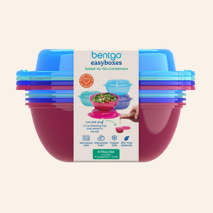 Easyboxes Salad-to-Go Containers - 8-Piece Set: 4 Bowls, Leak-Proof Dressing Cups Built-In & 4 Fitted Lids Seal in Freshness; Reusable/BPA-Free for Salad, Pasta, & Cereal (Jewel Brights)