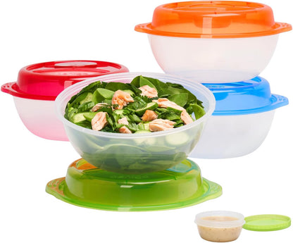 Easyboxes Salad-to-Go Containers - 8-Piece Set: 4 Bowls, Leak-Proof Dressing Cups Built-In & 4 Fitted Lids Seal in Freshness; Reusable/BPA-Free for Salad, Pasta, & Cereal (Jewel Brights)