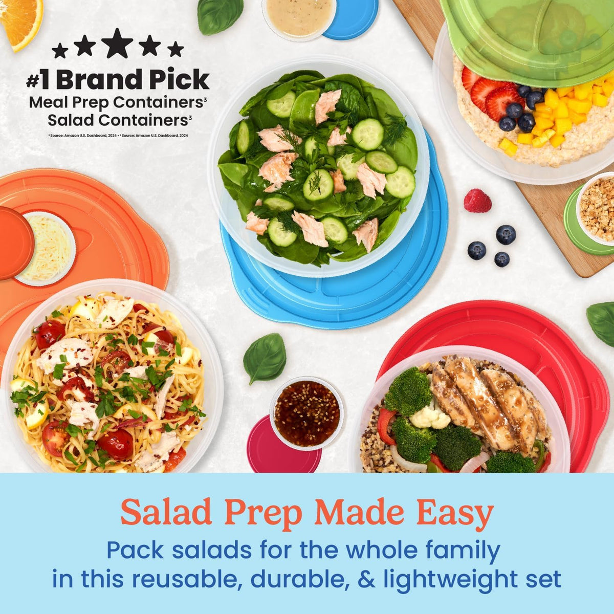 Easyboxes Salad-to-Go Containers - 8-Piece Set: 4 Bowls, Leak-Proof Dressing Cups Built-In & 4 Fitted Lids Seal in Freshness; Reusable/BPA-Free for Salad, Pasta, & Cereal (Jewel Brights)