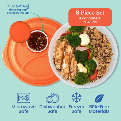 Easyboxes Salad-to-Go Containers - 8-Piece Set: 4 Bowls, Leak-Proof Dressing Cups Built-In & 4 Fitted Lids Seal in Freshness; Reusable/BPA-Free for Salad, Pasta, & Cereal (Jewel Brights)