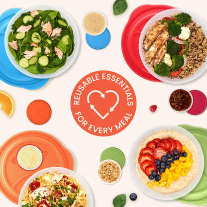 Easyboxes Salad-to-Go Containers - 8-Piece Set: 4 Bowls, Leak-Proof Dressing Cups Built-In & 4 Fitted Lids Seal in Freshness; Reusable/BPA-Free for Salad, Pasta, & Cereal (Jewel Brights)