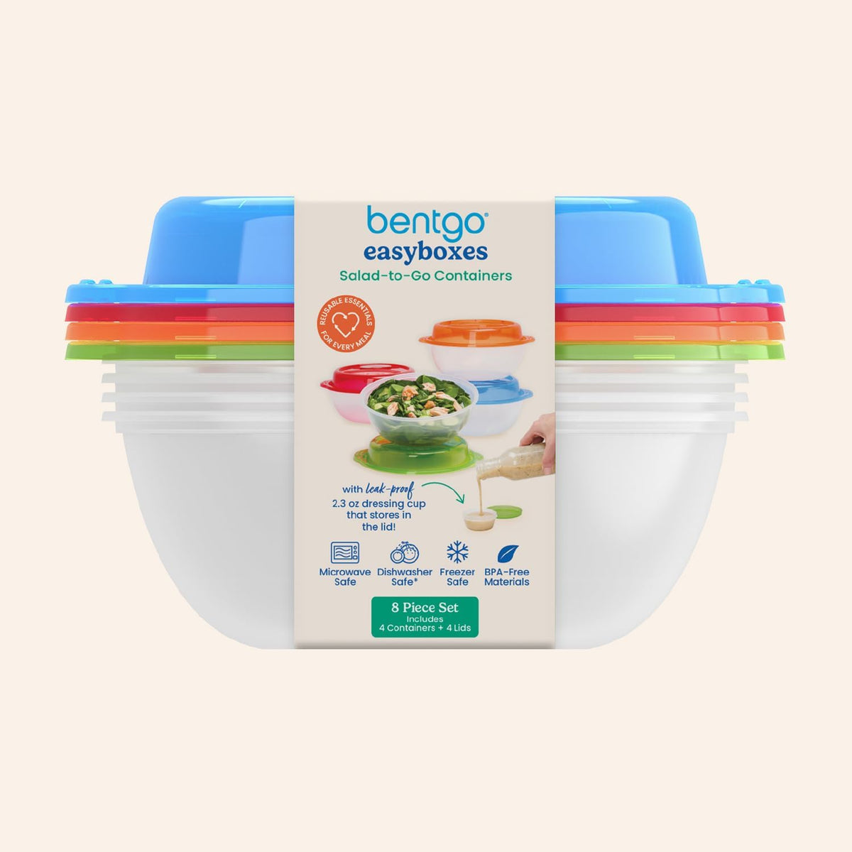 Easyboxes Salad-to-Go Containers - 8-Piece Set: 4 Bowls, Leak-Proof Dressing Cups Built-In & 4 Fitted Lids Seal in Freshness; Reusable/BPA-Free for Salad, Pasta, & Cereal (Jewel Brights)