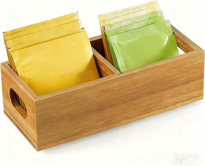 Tea Bag Organizer, Acacia Wood Tea Bag Holder, Wide Compartments for Tea Bags, 2 Slots Tea Caddy, Tea Organizers Storage for Countertop & Drawer Storage