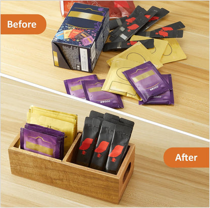 Tea Bag Organizer, Acacia Wood Tea Bag Holder, Wide Compartments for Tea Bags, 2 Slots Tea Caddy, Tea Organizers Storage for Countertop & Drawer Storage