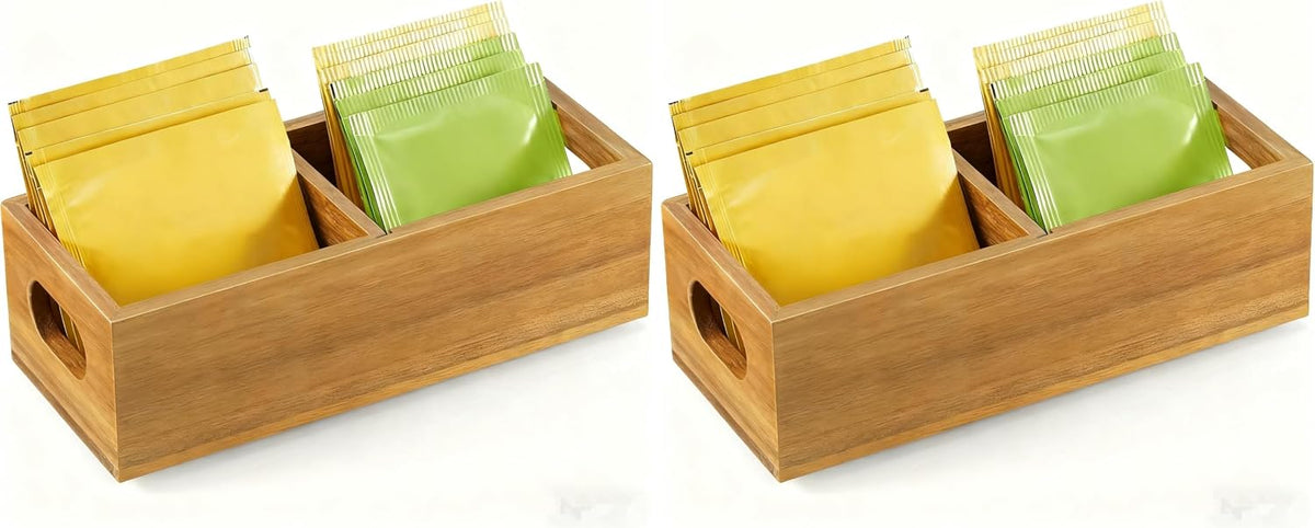 Tea Bag Organizer, Acacia Wood Tea Bag Holder, Wide Compartments for Tea Bags, 2 Slots Tea Caddy, Tea Organizers Storage for Countertop & Drawer Storage