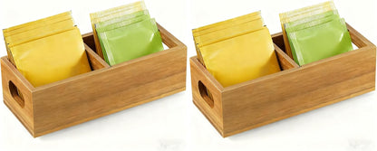 Tea Bag Organizer, Acacia Wood Tea Bag Holder, Wide Compartments for Tea Bags, 2 Slots Tea Caddy, Tea Organizers Storage for Countertop & Drawer Storage