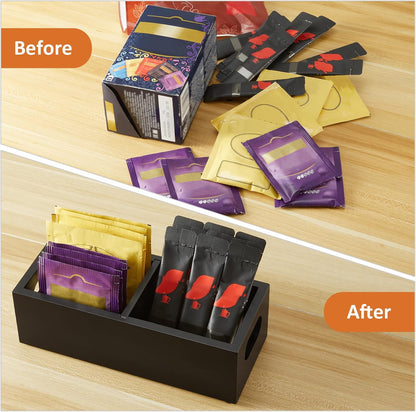 Tea Bag Organizer, Acacia Wood Tea Bag Holder, Wide Compartments for Tea Bags, 2 Slots Tea Caddy, Tea Organizers Storage for Countertop & Drawer Storage