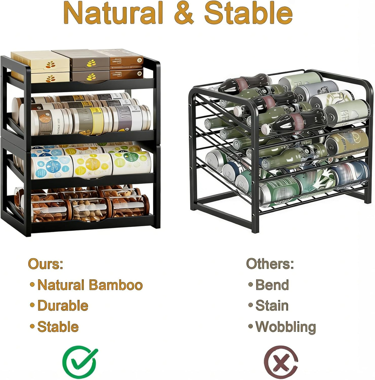 Can Organizer for Pantry, 4 Tier Stackable Bamboo Canned Food Storage Rack, Rolling Soda Can Dispenser Holds Up to 48 Cans, Detachable Can Organizer for Cabinet, Natural