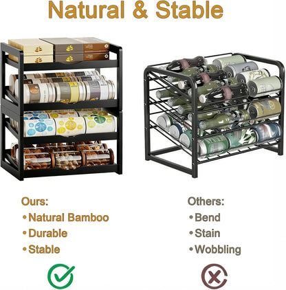 Can Organizer for Pantry, 4 Tier Stackable Bamboo Canned Food Storage Rack, Rolling Soda Can Dispenser Holds Up to 48 Cans, Detachable Can Organizer for Cabinet, Natural