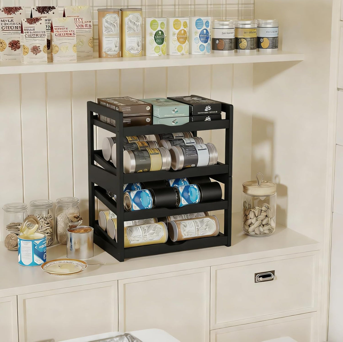 Can Organizer for Pantry, 4 Tier Stackable Bamboo Canned Food Storage Rack, Rolling Soda Can Dispenser Holds Up to 48 Cans, Detachable Can Organizer for Cabinet, Natural