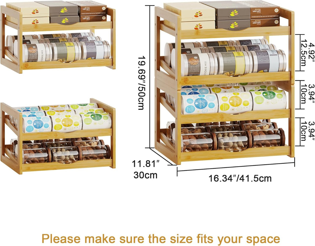 Can Organizer for Pantry, 4 Tier Stackable Bamboo Canned Food Storage Rack, Rolling Soda Can Dispenser Holds Up to 48 Cans, Detachable Can Organizer for Cabinet, Natural