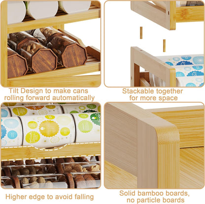 Can Organizer for Pantry, 4 Tier Stackable Bamboo Canned Food Storage Rack, Rolling Soda Can Dispenser Holds Up to 48 Cans, Detachable Can Organizer for Cabinet, Natural