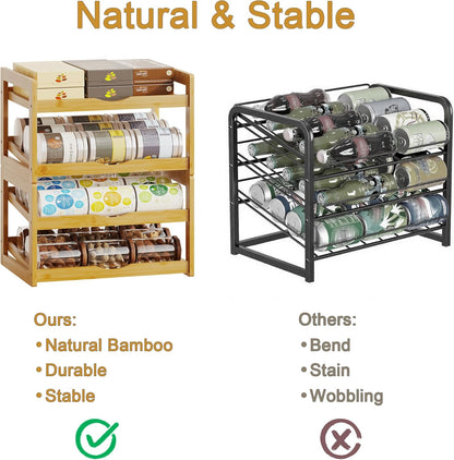 Can Organizer for Pantry, 4 Tier Stackable Bamboo Canned Food Storage Rack, Rolling Soda Can Dispenser Holds Up to 48 Cans, Detachable Can Organizer for Cabinet, Natural