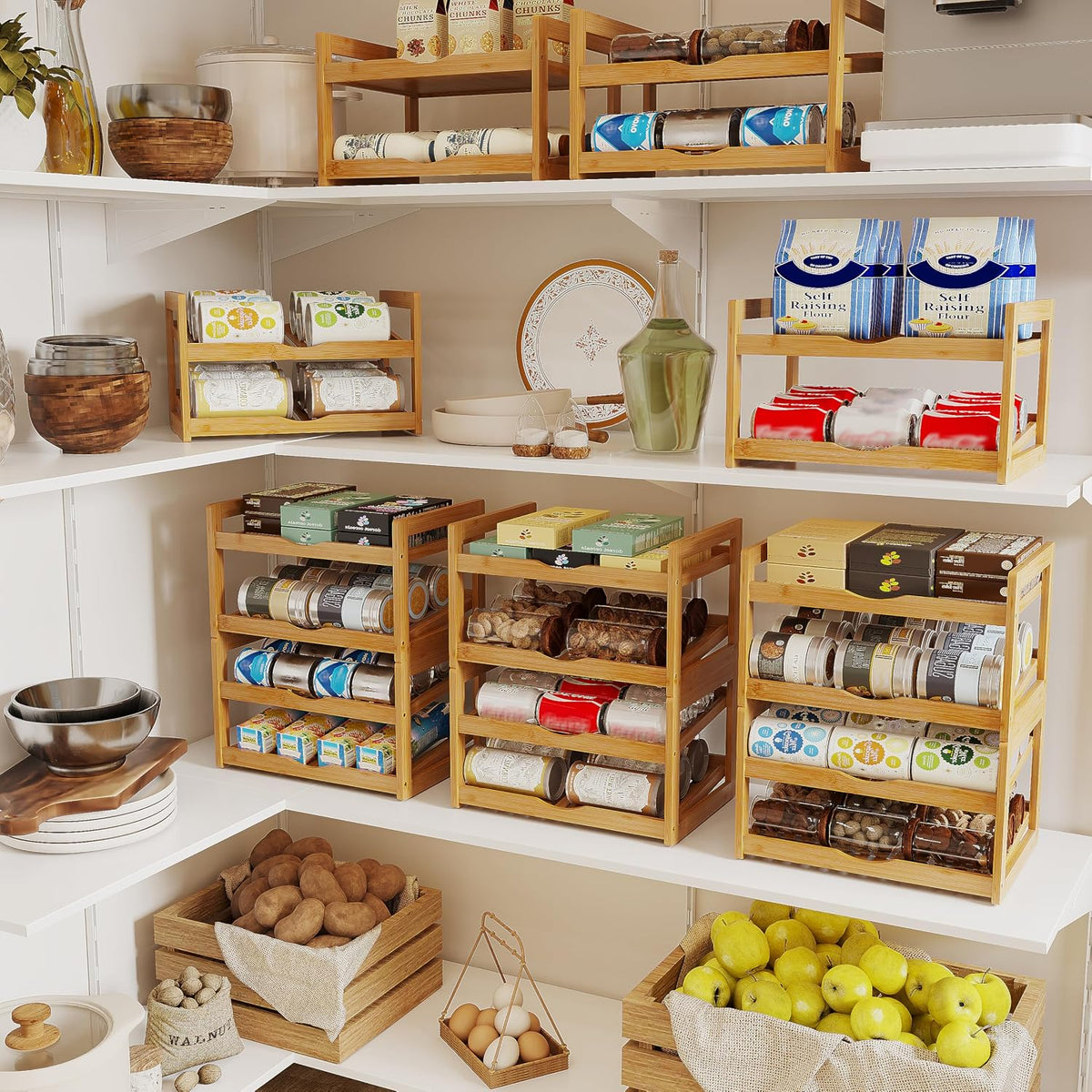 Can Organizer for Pantry, 4 Tier Stackable Bamboo Canned Food Storage Rack, Rolling Soda Can Dispenser Holds Up to 48 Cans, Detachable Can Organizer for Cabinet, Natural