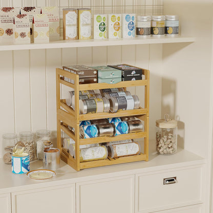 Can Organizer for Pantry, 4 Tier Stackable Bamboo Canned Food Storage Rack, Rolling Soda Can Dispenser Holds Up to 48 Cans, Detachable Can Organizer for Cabinet, Natural