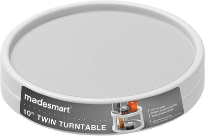 Classic 10 Inch Two Level Turntable, White | tiered organization, wide base, smooth spinning access, spices snacks bottles, cabinet pantry use, woman owned