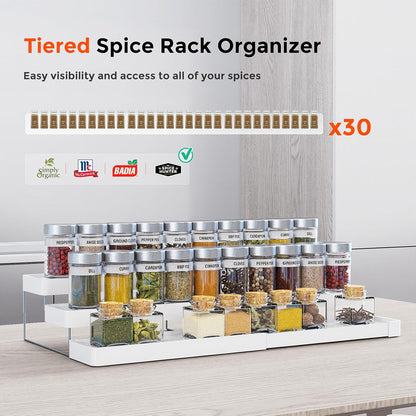 Expandable Spice Rack Organizer for Cabinet - 3 Tier Adjustable Cabinet Spice Organizer Easy Visibility - Spice Organizer for Cabinet Countertop Cupboard Pantry Organization (White)