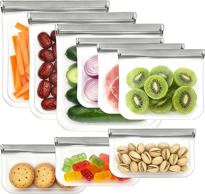 9 Pack Reusable Silicone Food Storage Bags - Freezer & Dishwasher Safe Leakproof Reusable Bags, Freezer Storage Bags Sets - 3 Gallon 3 Snack 3 Sandwich Bags