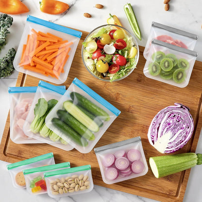 9 Pack Reusable Silicone Food Storage Bags - Freezer & Dishwasher Safe Leakproof Reusable Bags, Freezer Storage Bags Sets - 3 Gallon 3 Snack 3 Sandwich Bags