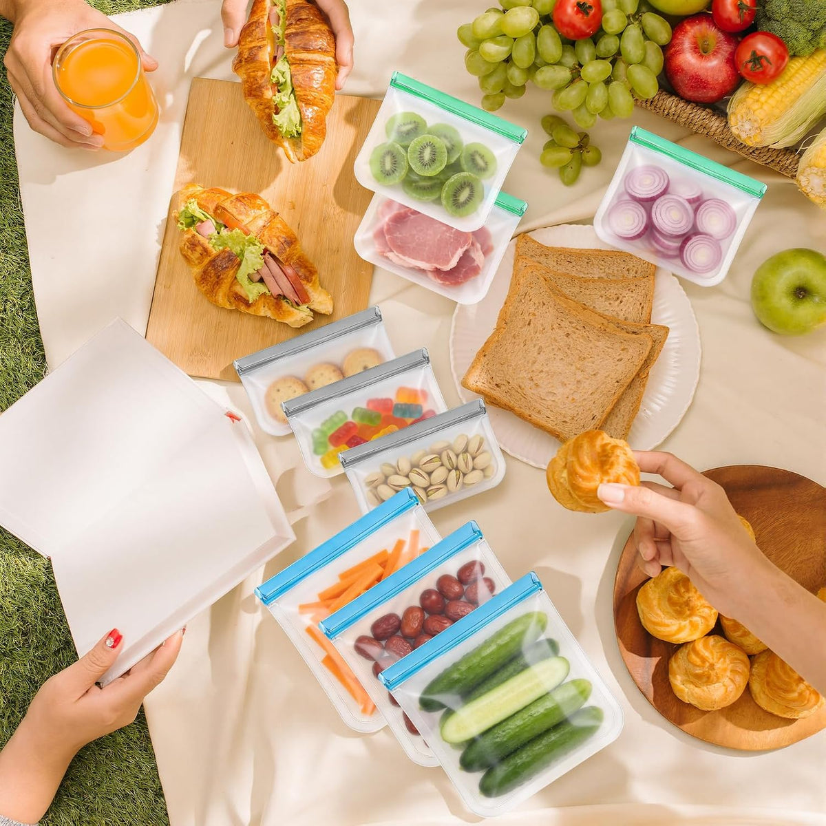 9 Pack Reusable Silicone Food Storage Bags - Freezer & Dishwasher Safe Leakproof Reusable Bags, Freezer Storage Bags Sets - 3 Gallon 3 Snack 3 Sandwich Bags