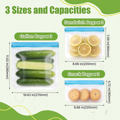 9 Pack Reusable Silicone Food Storage Bags - Freezer & Dishwasher Safe Leakproof Reusable Bags, Freezer Storage Bags Sets - 3 Gallon 3 Snack 3 Sandwich Bags